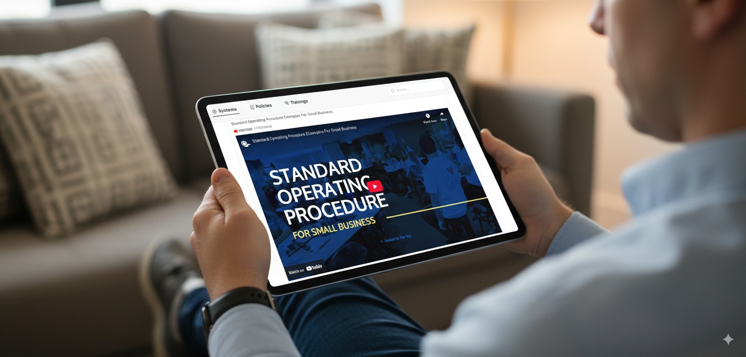 Business owner reviewing standard operating procedures for small business on a tablet